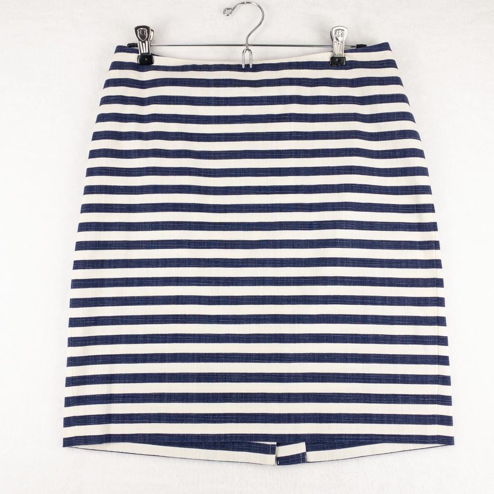 Talbots Skirt Womens 6P Striped Blue White Midi Zipper Closure Back Slit